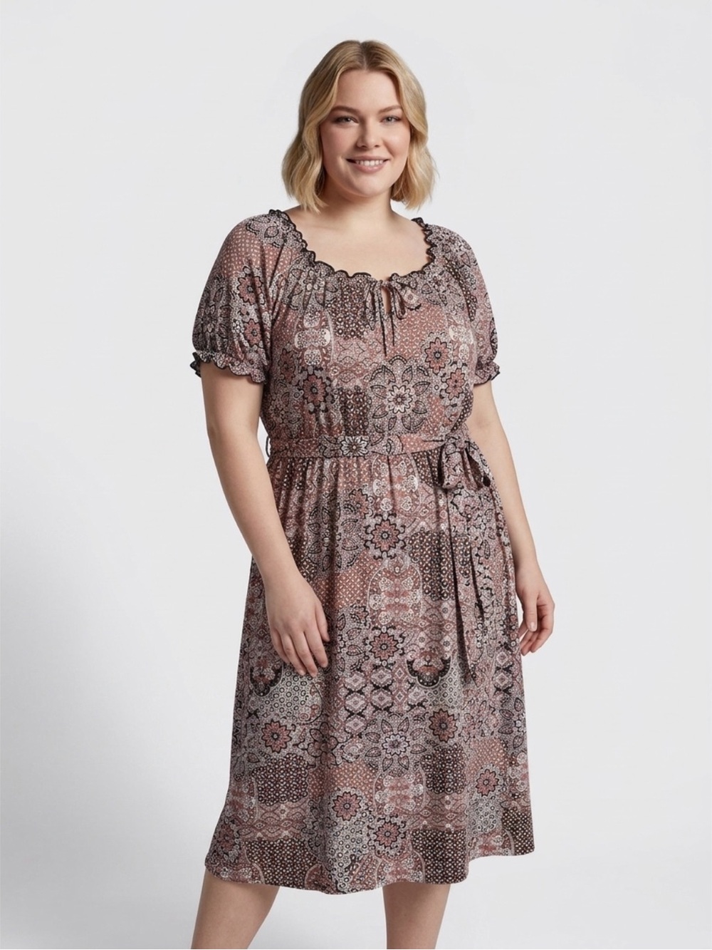 Joie De Vivre Pink Black Boho Floral Tribal Print Puff Sleeve Maxi Dress